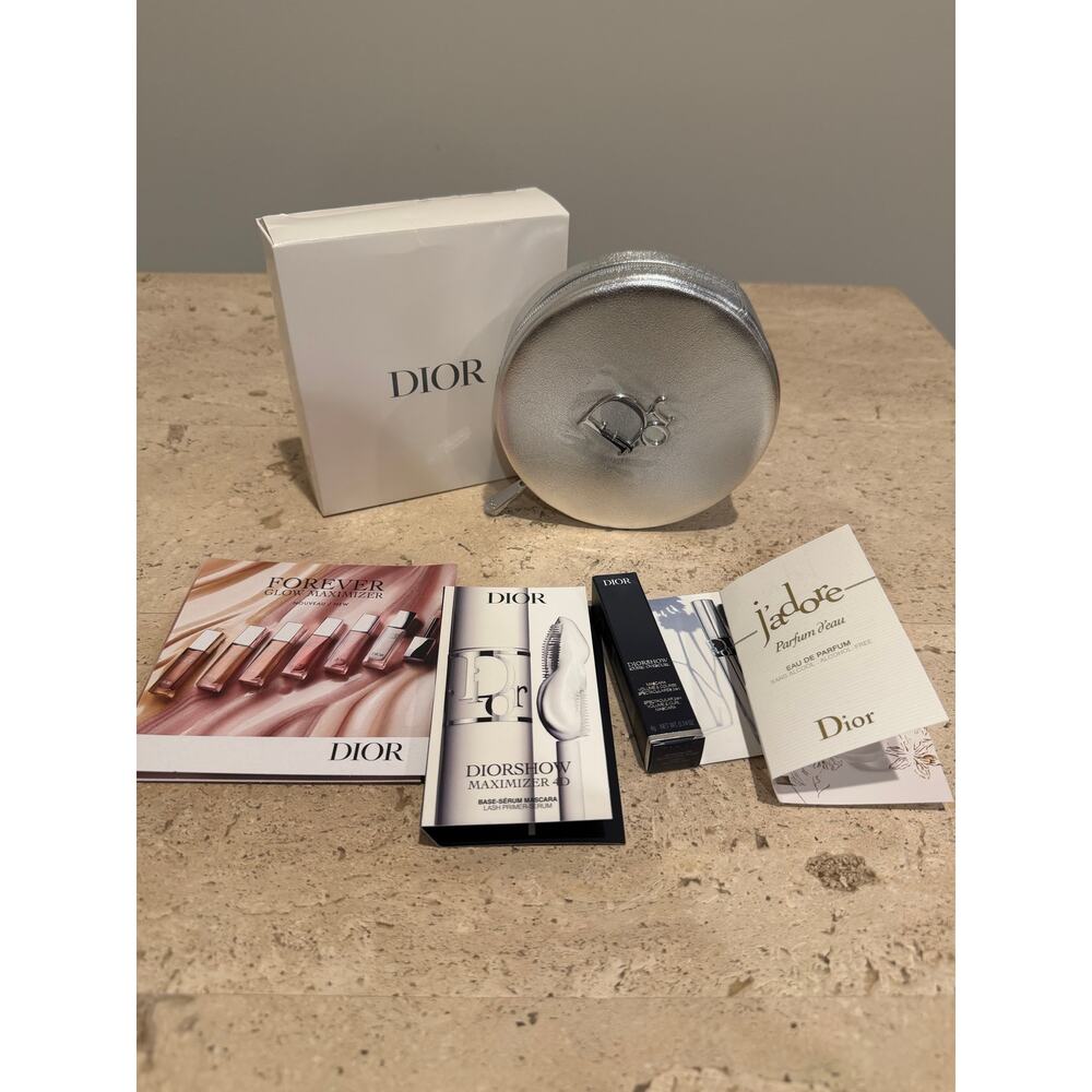 Dior Silver Round Zippy Cosmetics Case Sample Set New Authentic